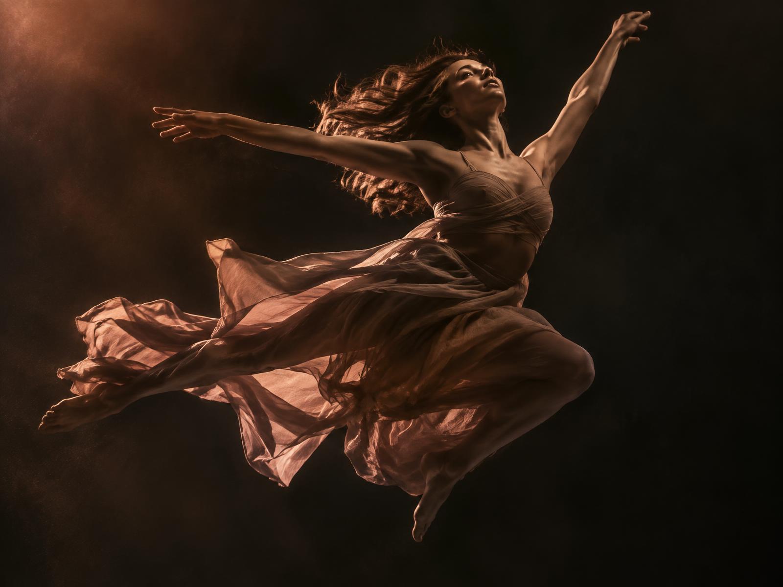 Bailarina em salto, iluminada por luz âmbar